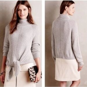 Anthropologie Moth Grey Marled Tie-Front Turtleneck Cashmere Blend Sweater Small